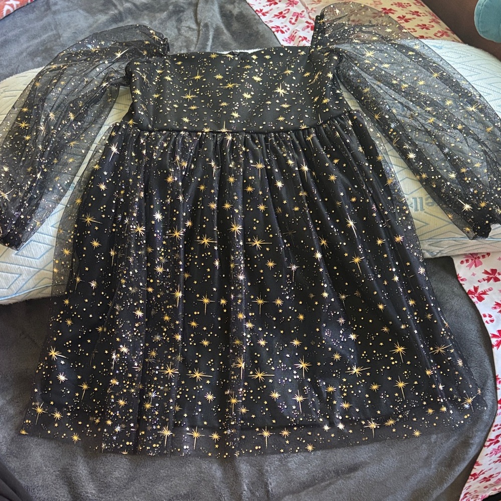 Girls Black Dress with Gold Star Pattern